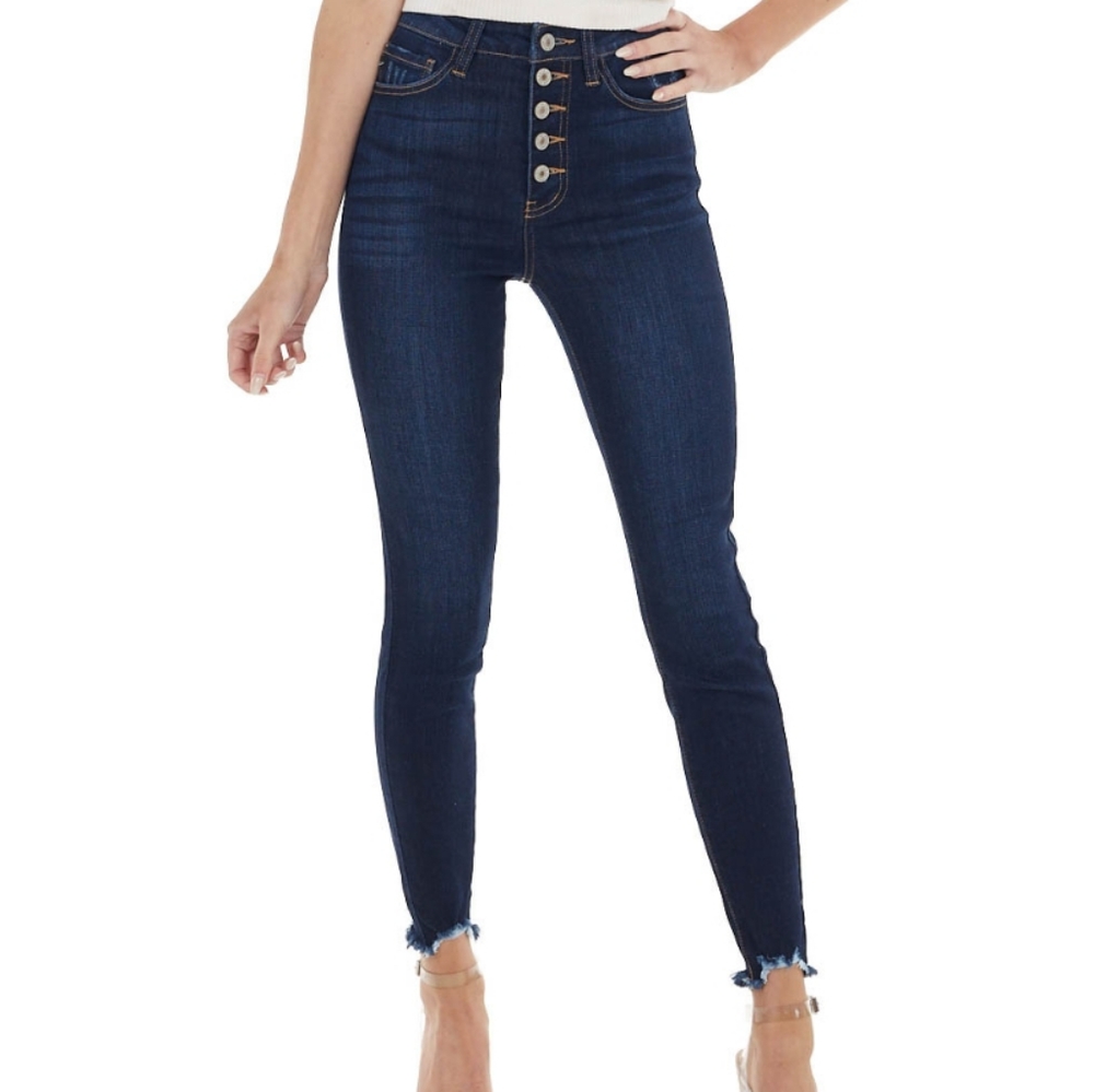 NWT KanCan Dark Wash High Waisted Button Up Jeans With Raw Cuffs